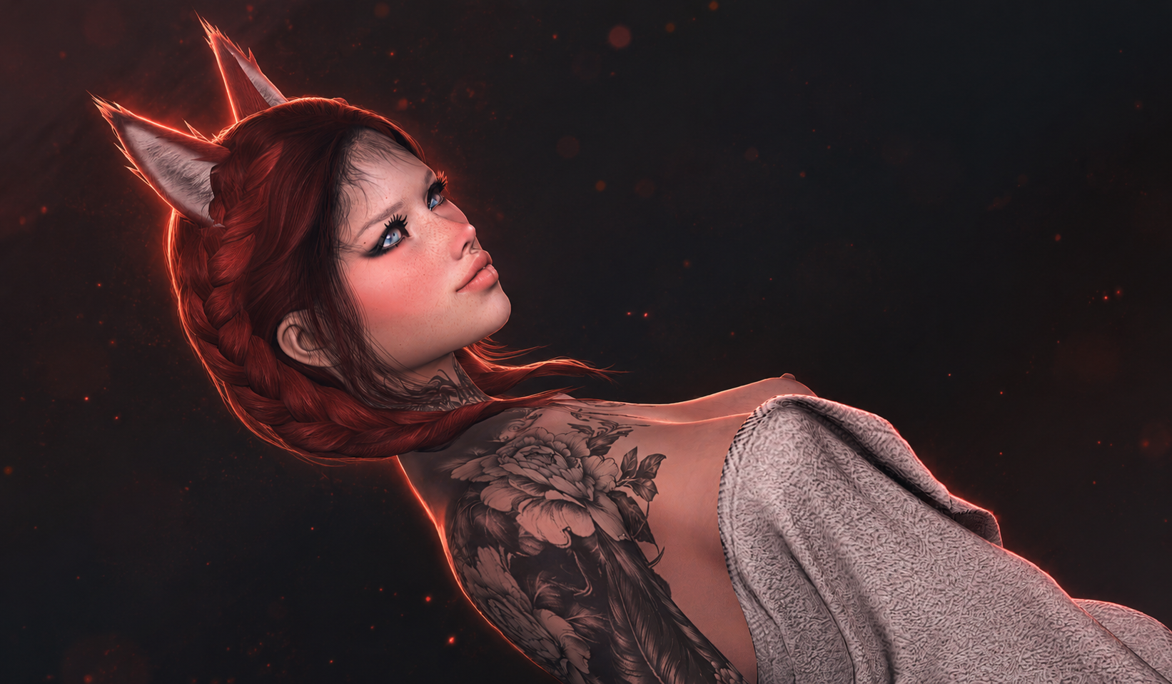 Red-haired character with fox ears in warm rim light