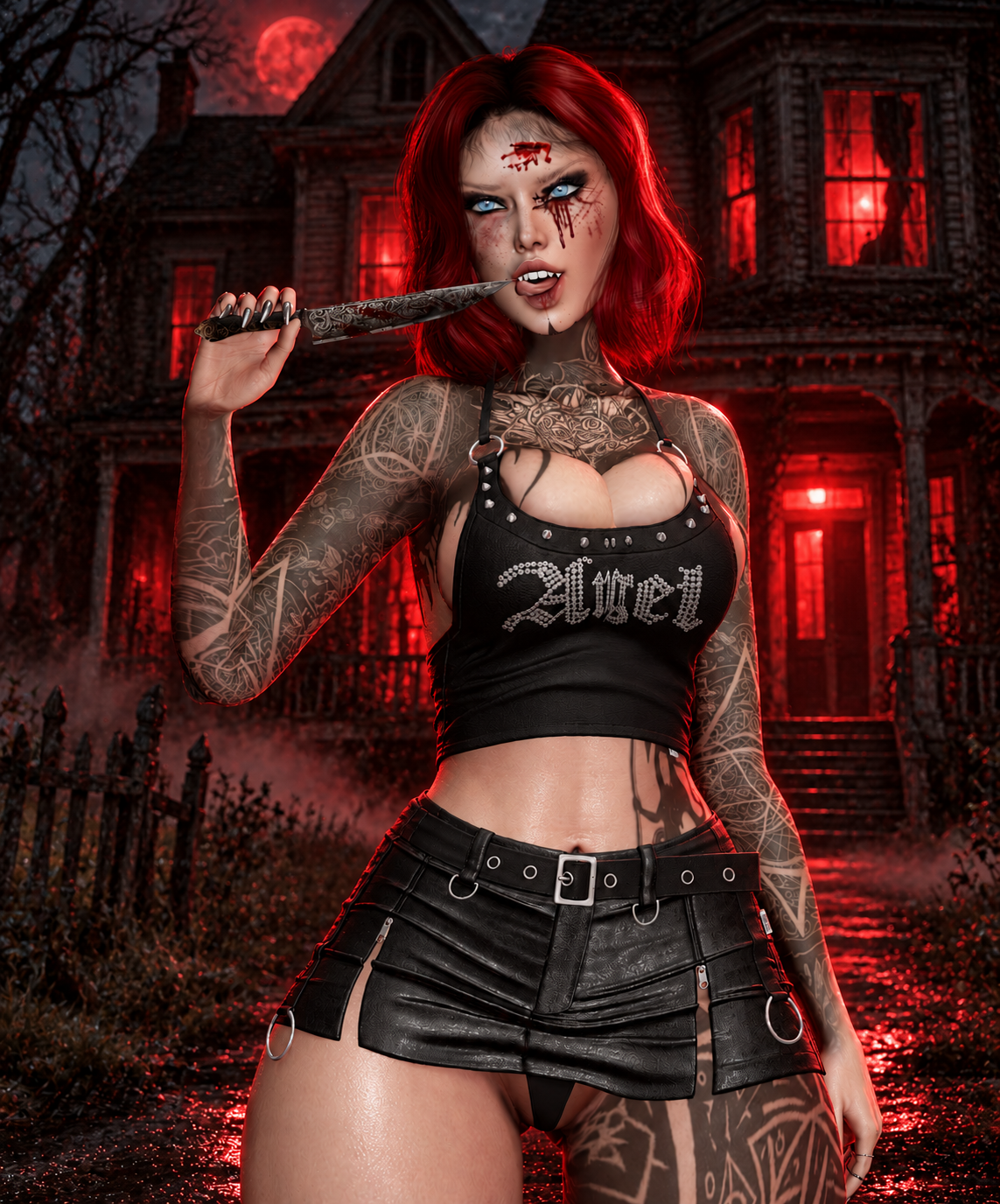 Gothic character outside a red-lit mansion