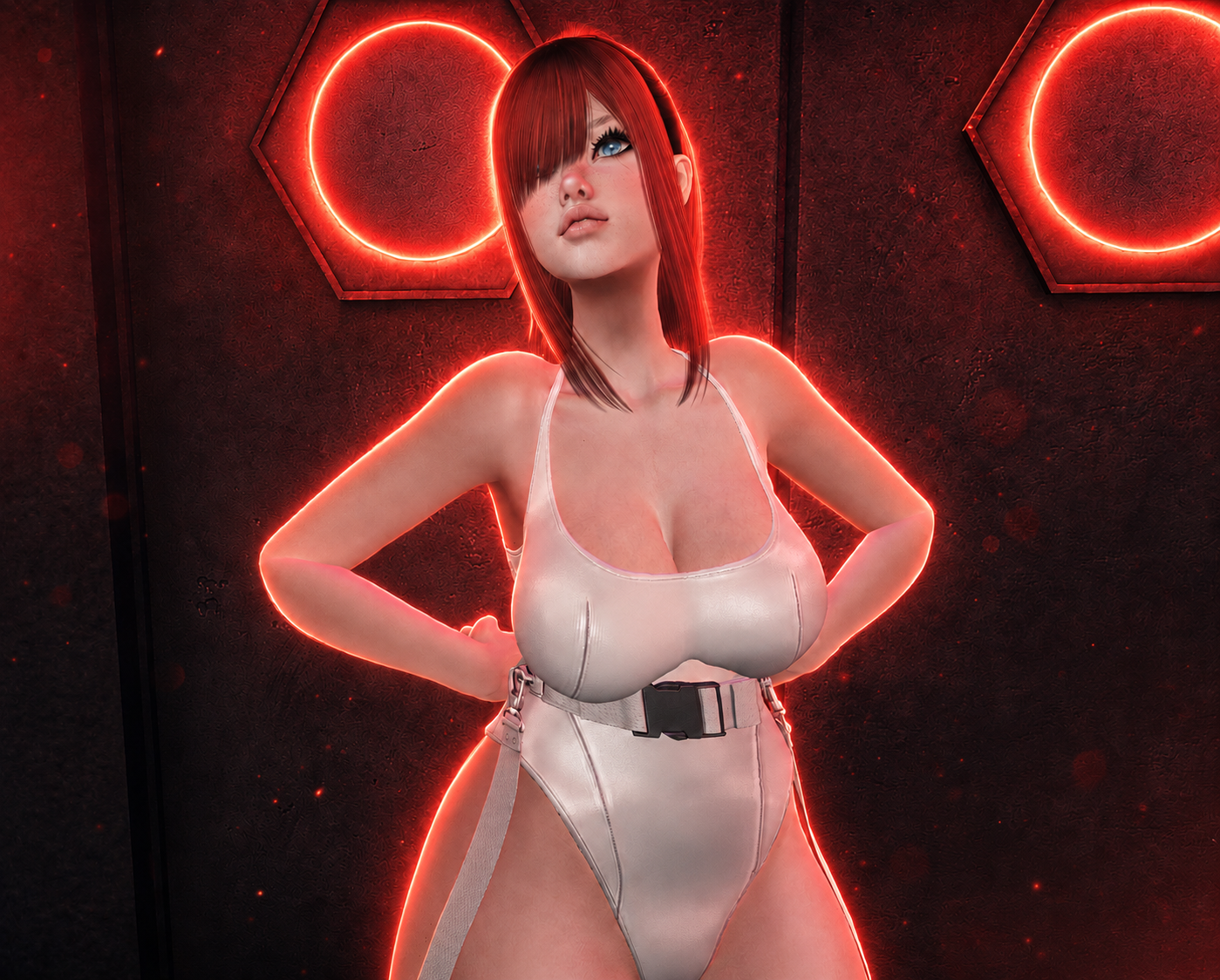 Portrait in a white outfit framed by red neon circles